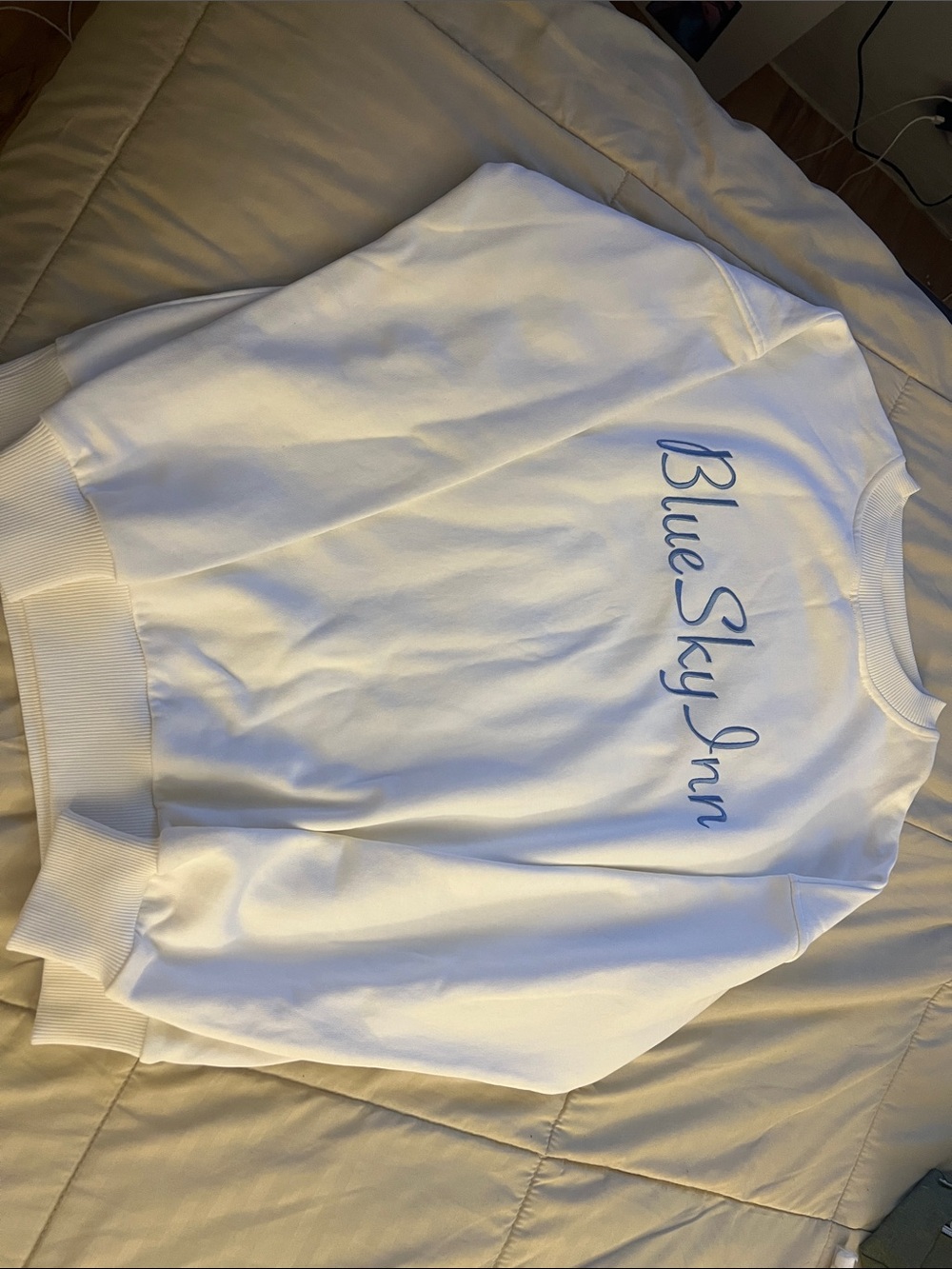 Blue Sky White Crewneck Sweater with Blue Script Logo